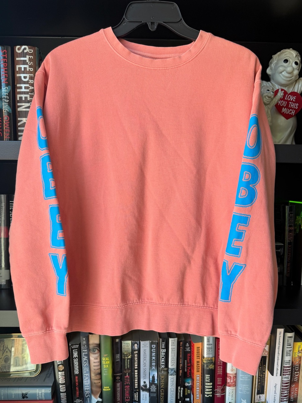 Obey Coral Crew Sweatshirt with Sky-Blue Sleeve Logo